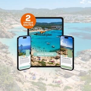 Ibiza south route plan with 2 structured coastal day routes including beaches and scenic viewpoints